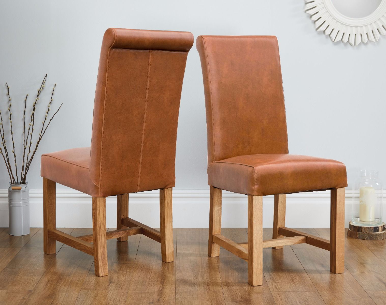 Buffalo Tan Brown Chunky Premium Leather Dining Chair Solid Oak Legs Buffalo Tan Brown Premium Leather Oak Dining Chair Winter
