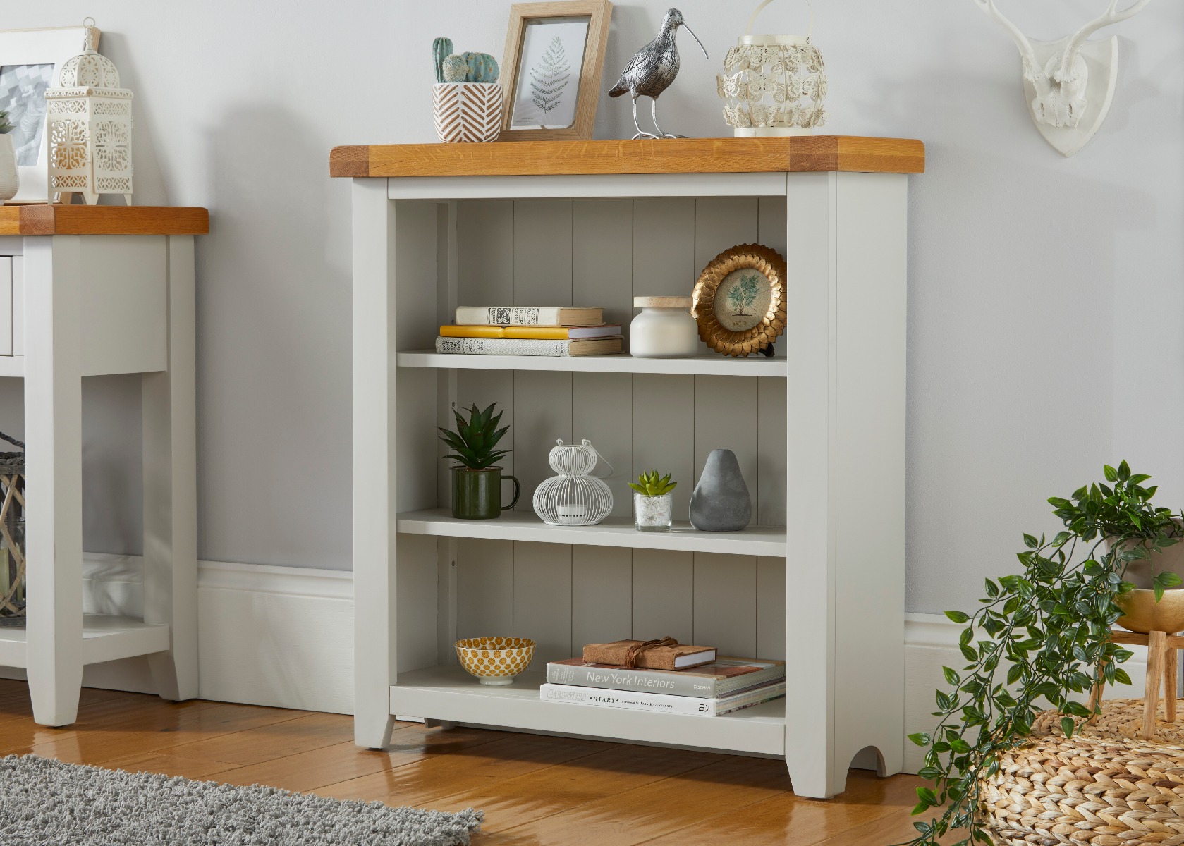 Cheshire Grey Painted Low Oak Bookcase Fully Assembled