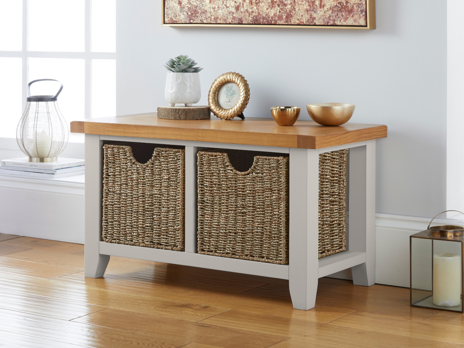 Cheshire Grey Painted Hallway Oak Shoe Bench with 2 Baskets Free