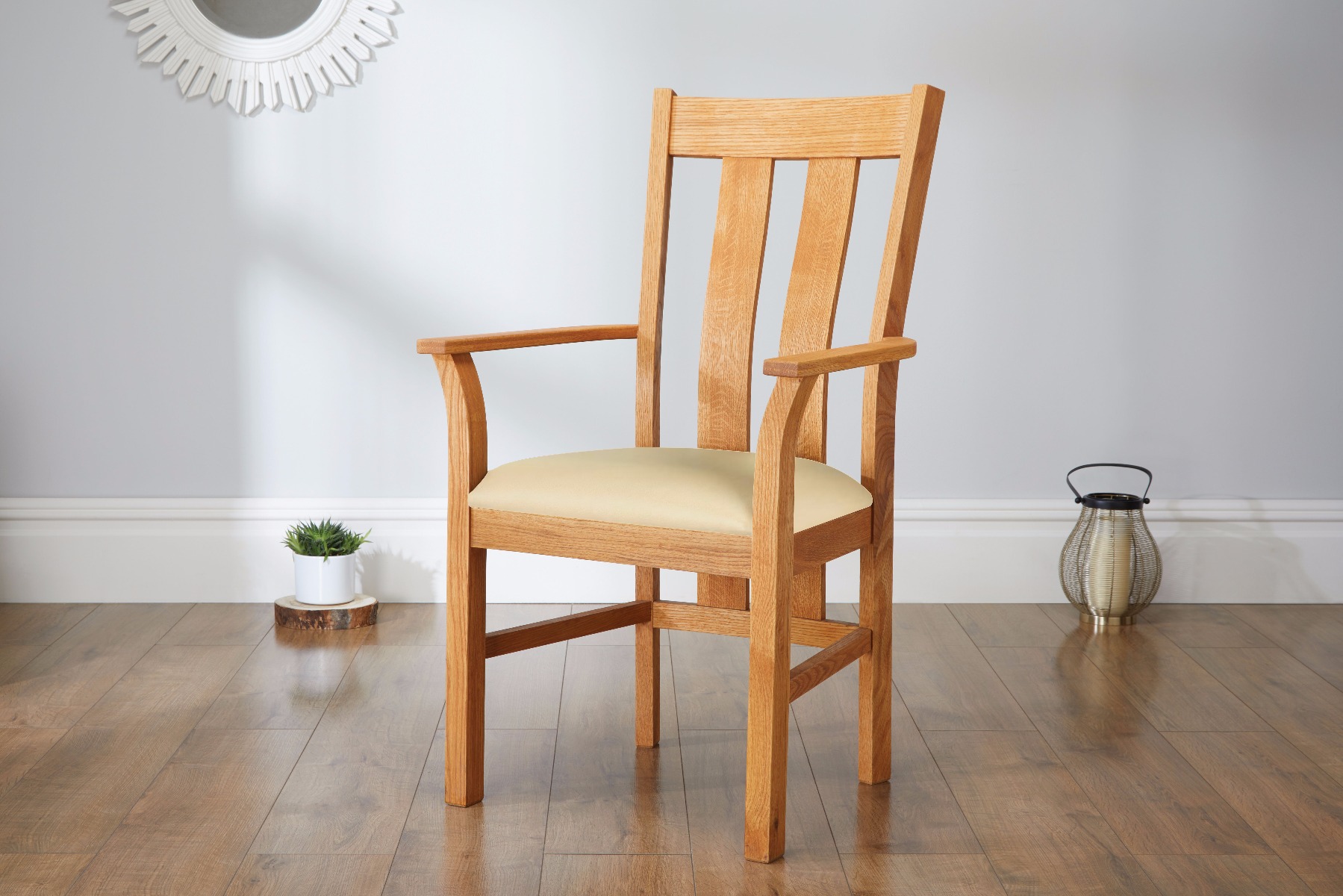 Churchill Solid Oak Cream Leather Carver Dining Chair