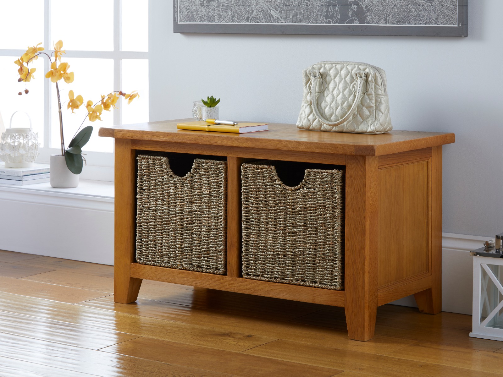 Country Oak Hall Shoe Storage Bench with 2 Baskets Free Delivery
