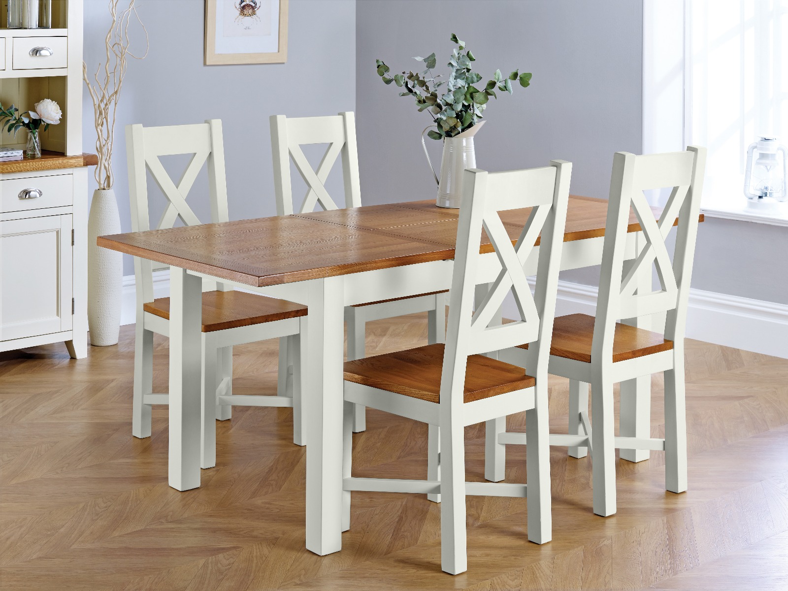 country oak 180cm grey painted extending dining table and 4 grasmere grey  painted chairs  winter sale