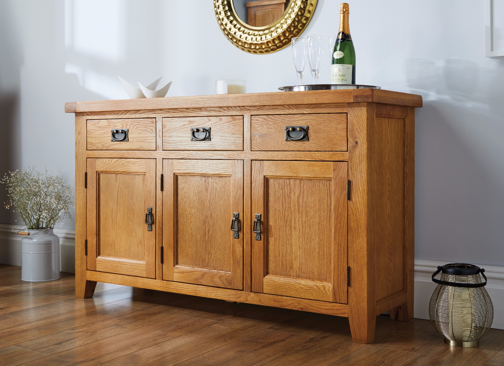 Country Oak Rustic 3 Door Medium Sized Sideboard Free Delivery