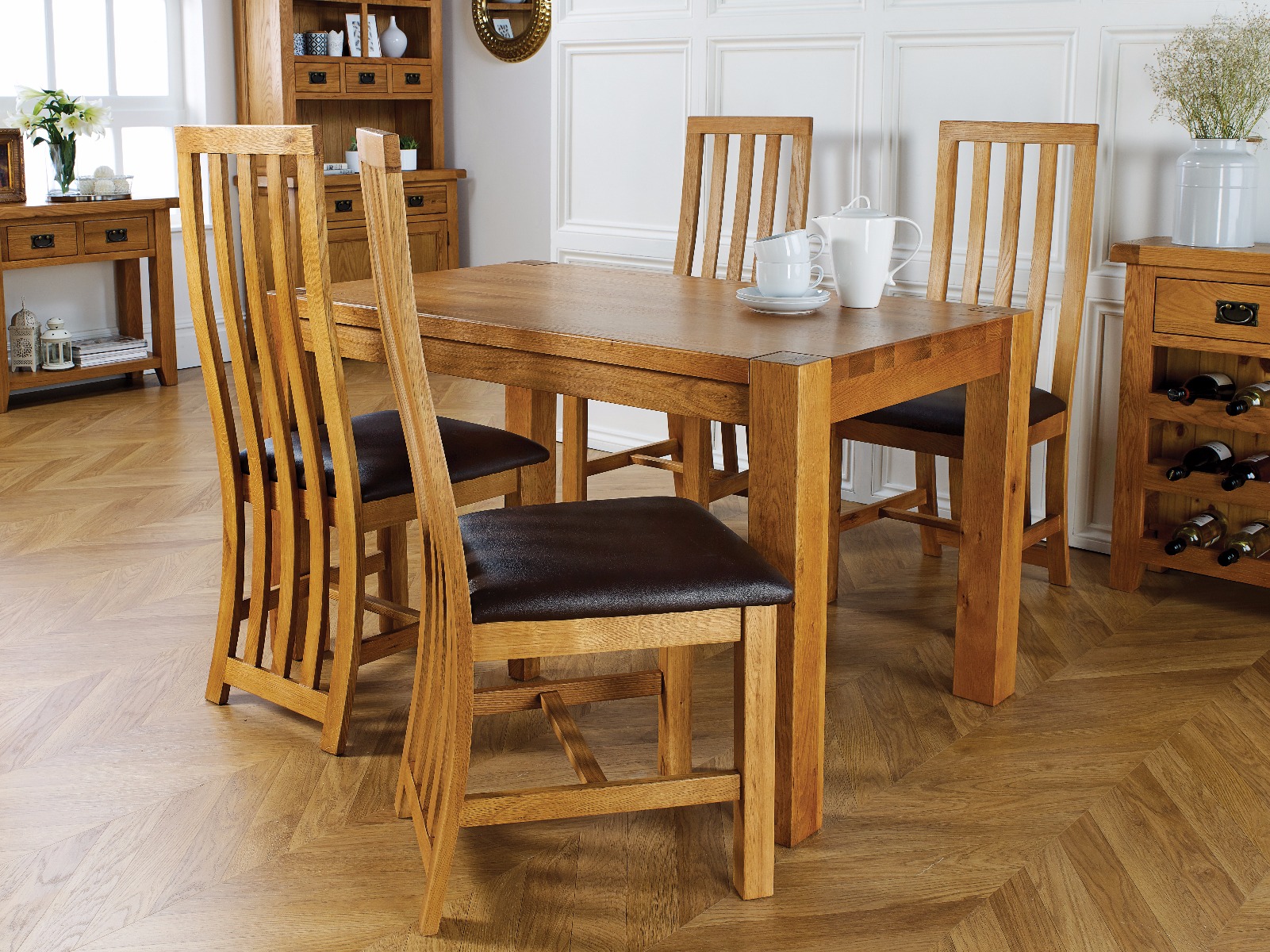Dorchester Slatted Back Brown Leather Seat Oak Dining Chair