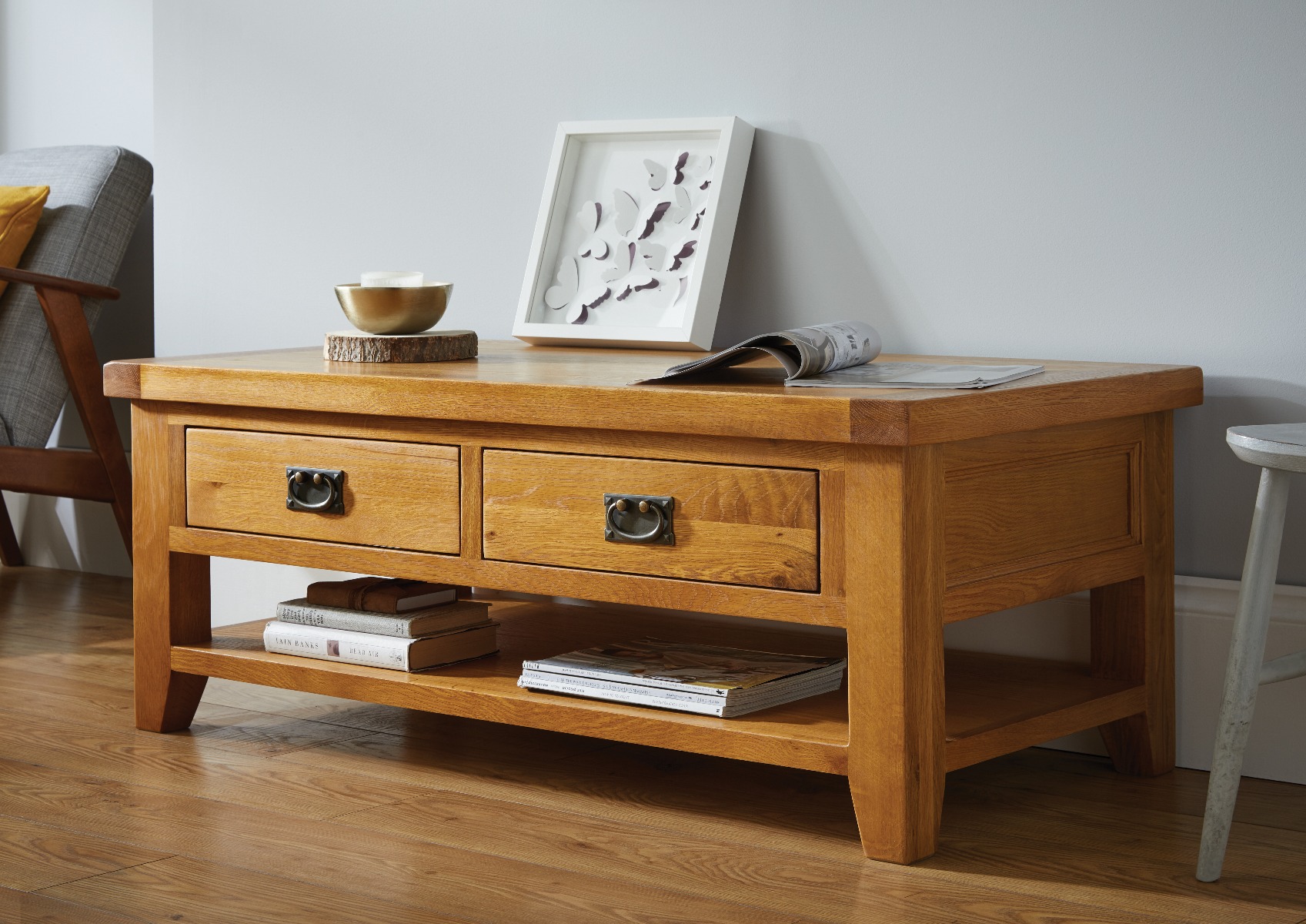 Country Oak Large 4 Drawer Coffee Table With Shelf Free Delivery Top Furniture