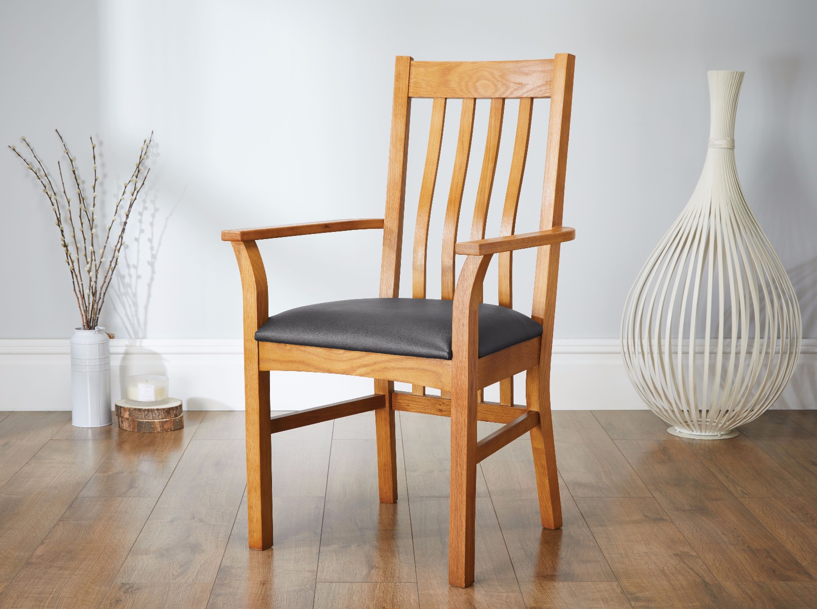 Chelsea Solid Oak Black Leather Carver Dining Chair