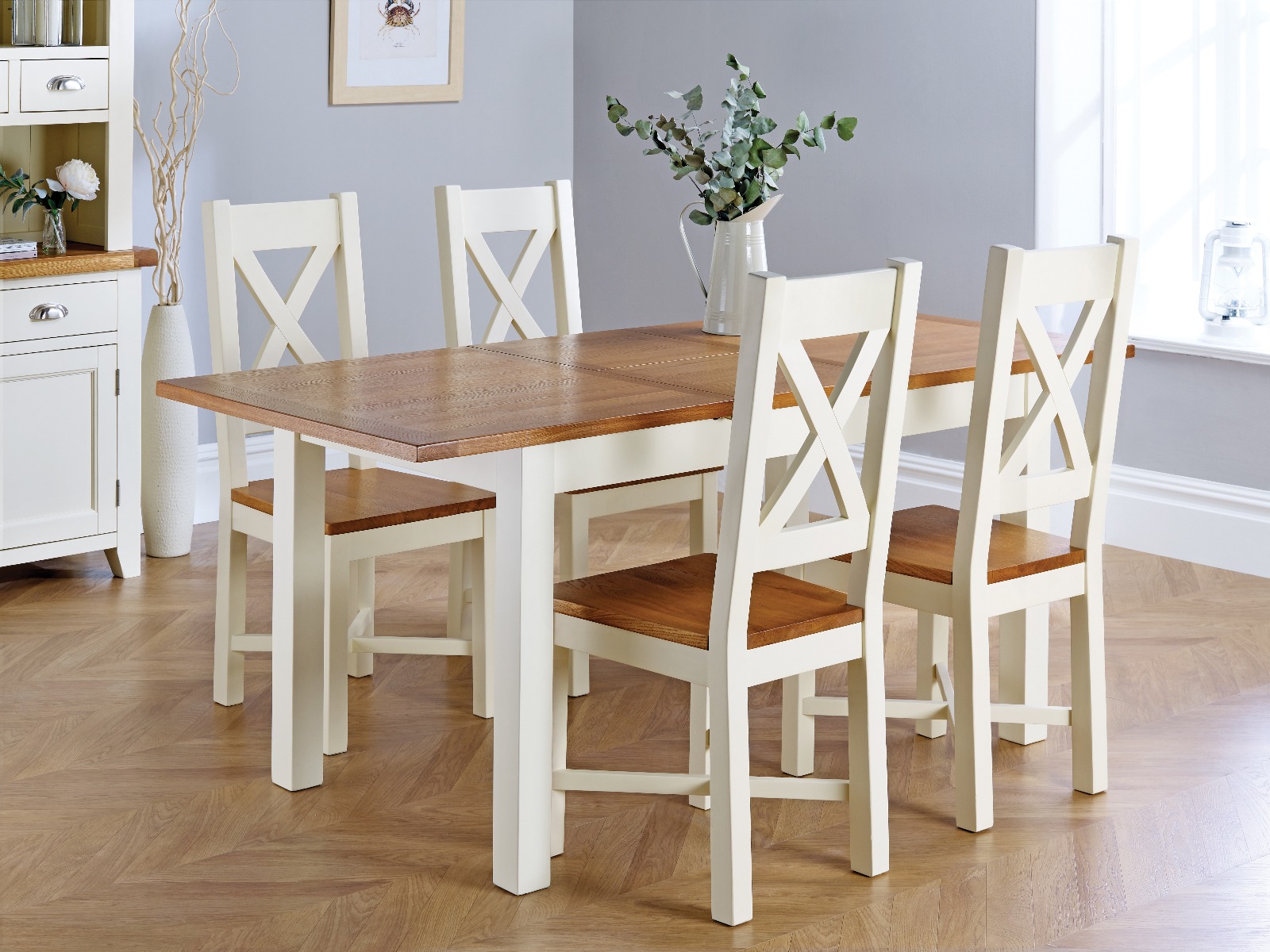 Country Oak 180cm Cream Painted Extending Dining Table 4 Grasmere Cream Painted Chairs