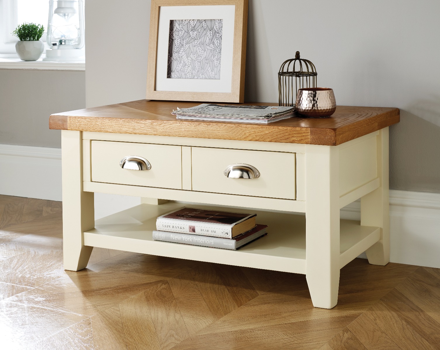 Country Oak Cream Painted Coffee Table With Drawers
