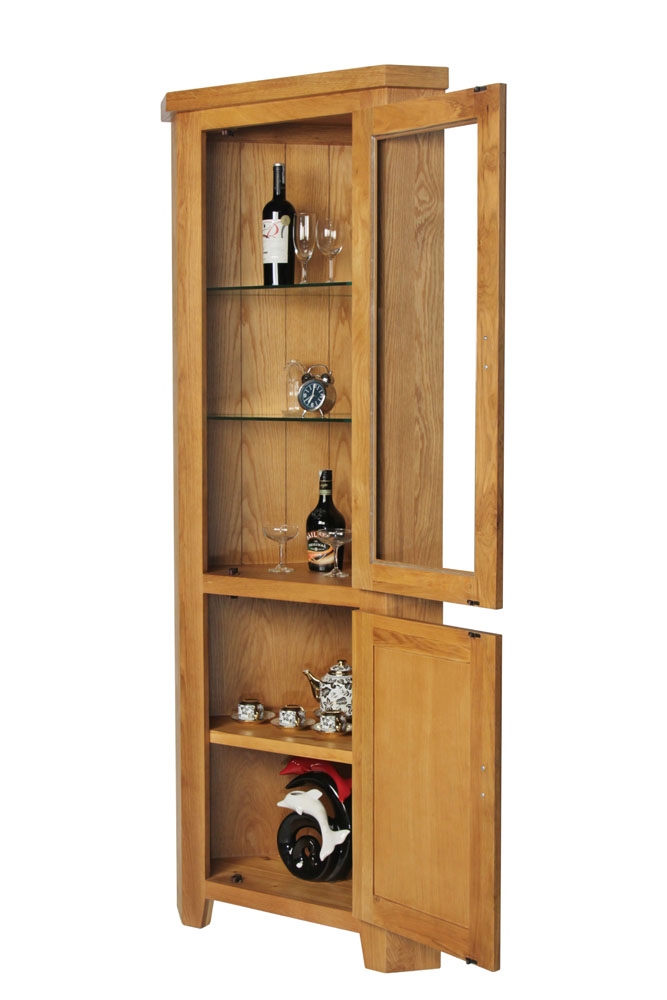 Country Oak Tall Glass Corner Display Cabinet
