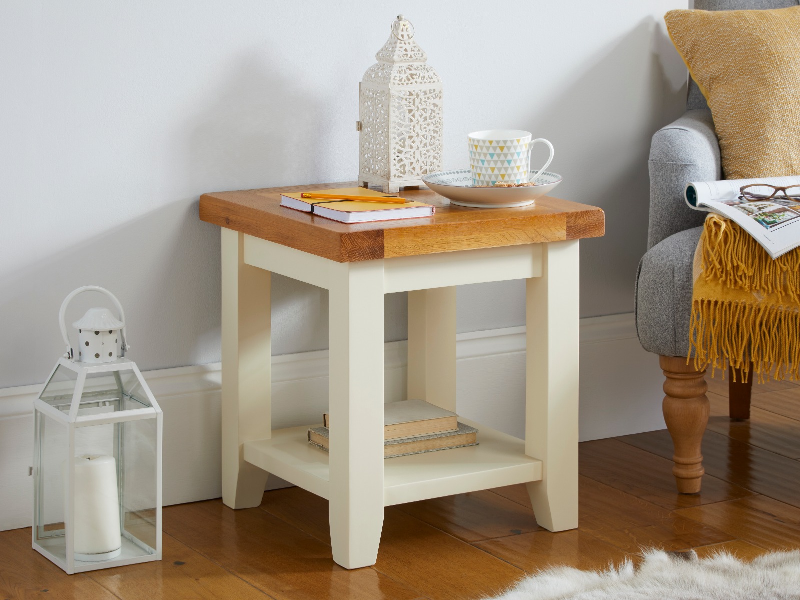 Country Cottage Cream Painted Oak Lamp Table With Shelf | Fully Assembled