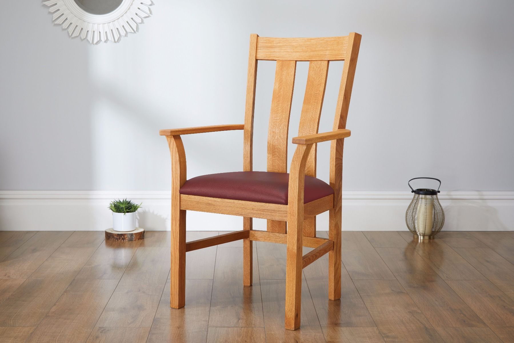 Churchill Solid Oak Red Leather Carver Dining Chair