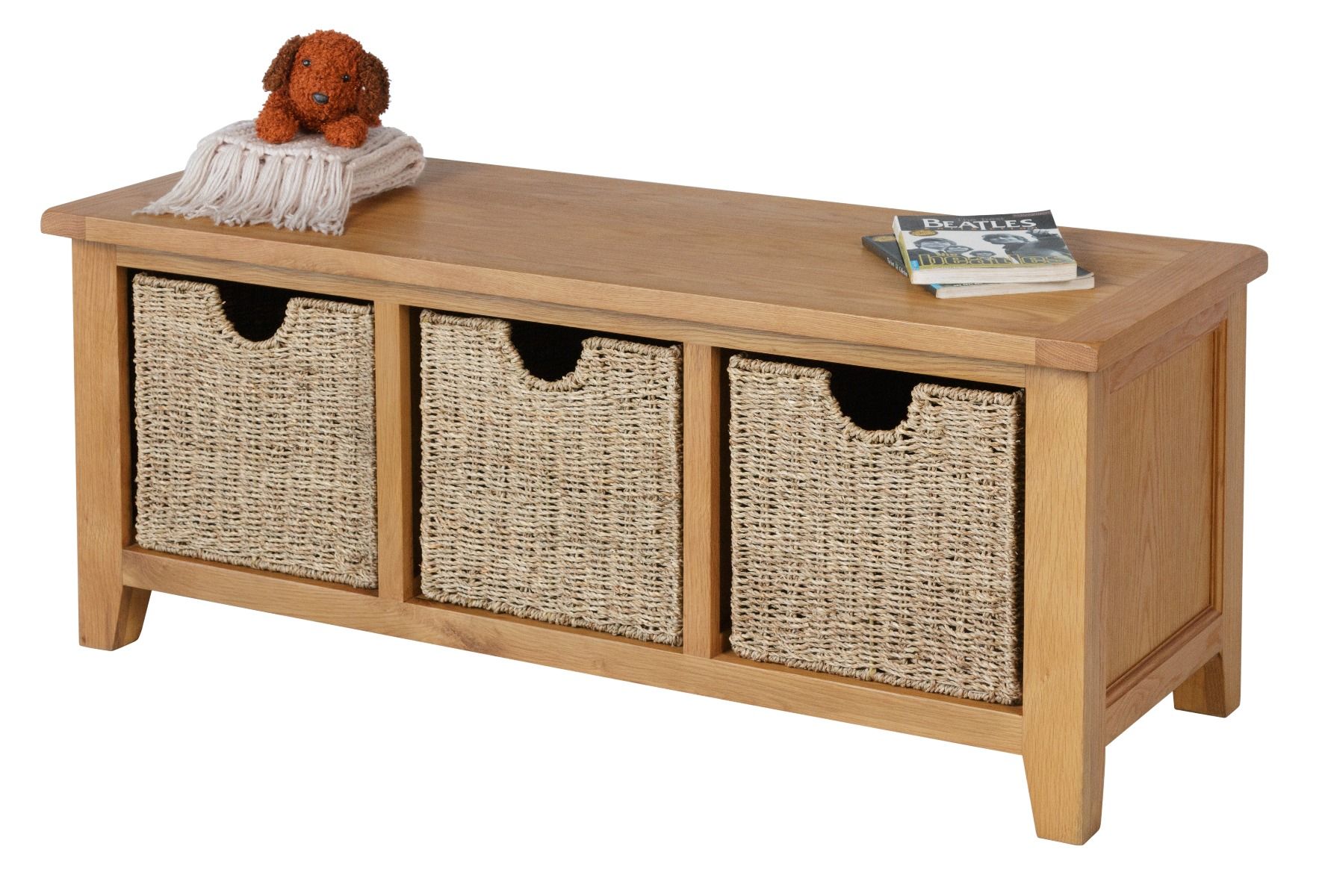 Country Oak Shoe Storage Bench with 3 Baskets Free Delivery Top