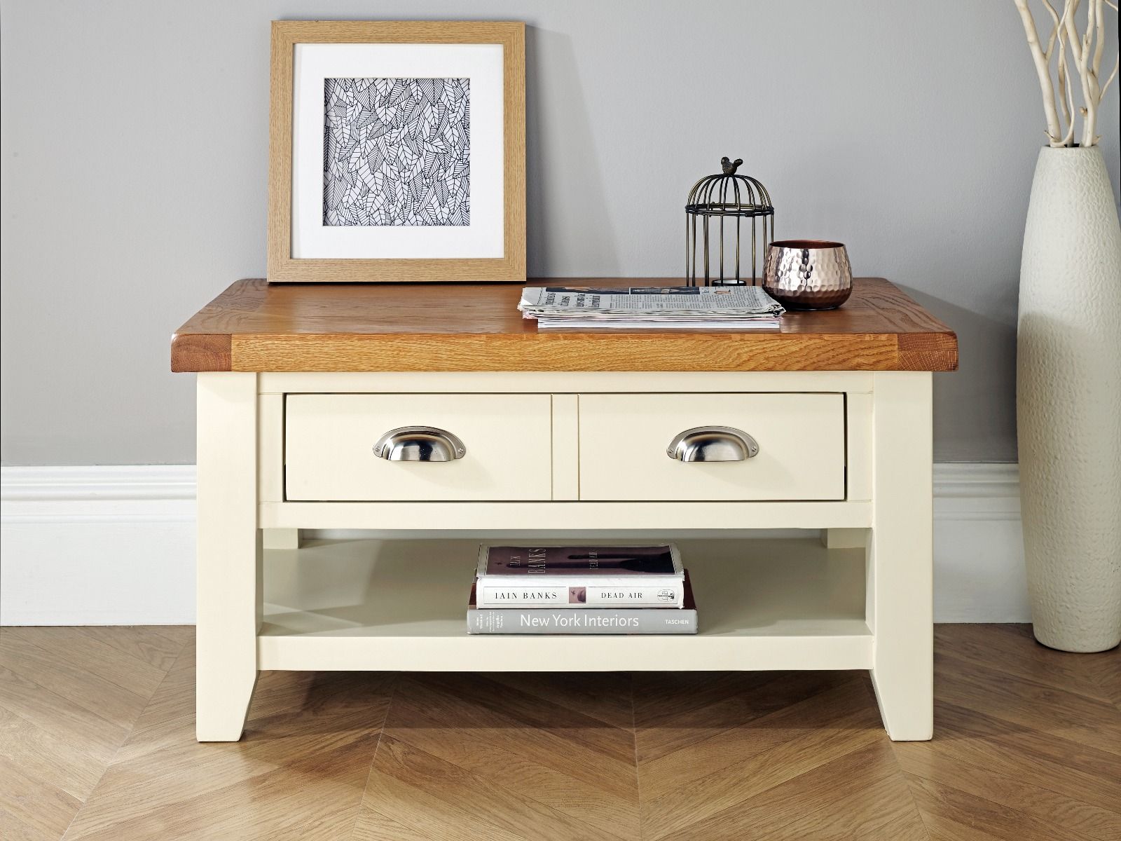 Country Oak Cream Painted Coffee Table With Drawers