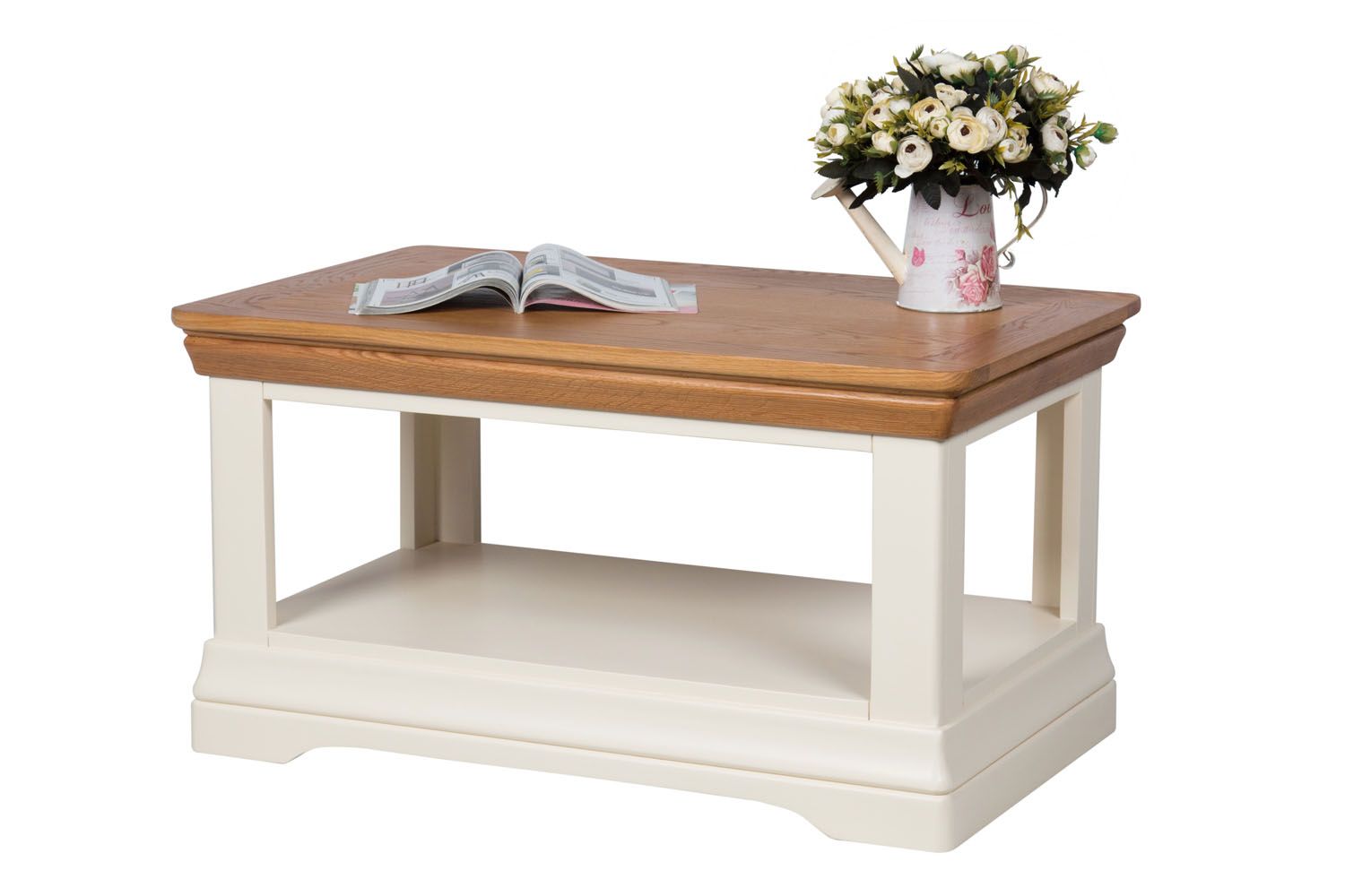 Farmhouse Cream Painted Oak Coffee Table with Shelf