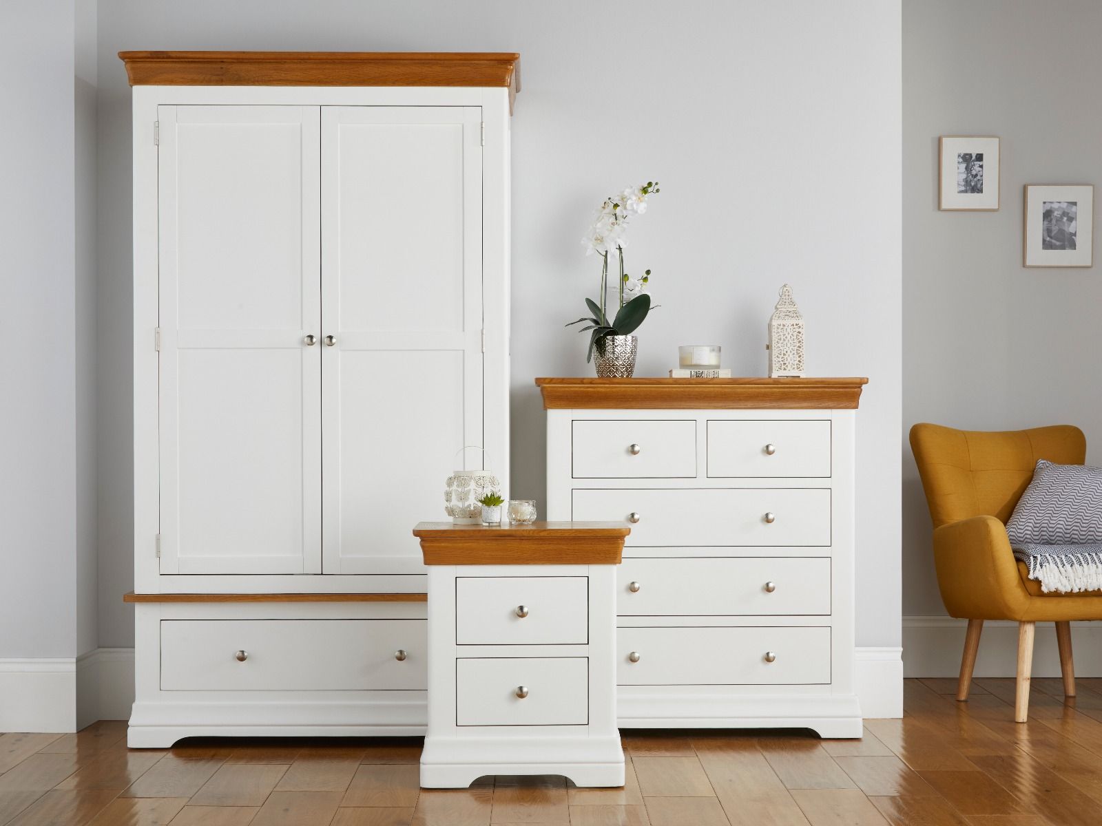 Farmhouse White Painted Oak Bedroom Set, Wardrobe, Chest of Drawers and ...