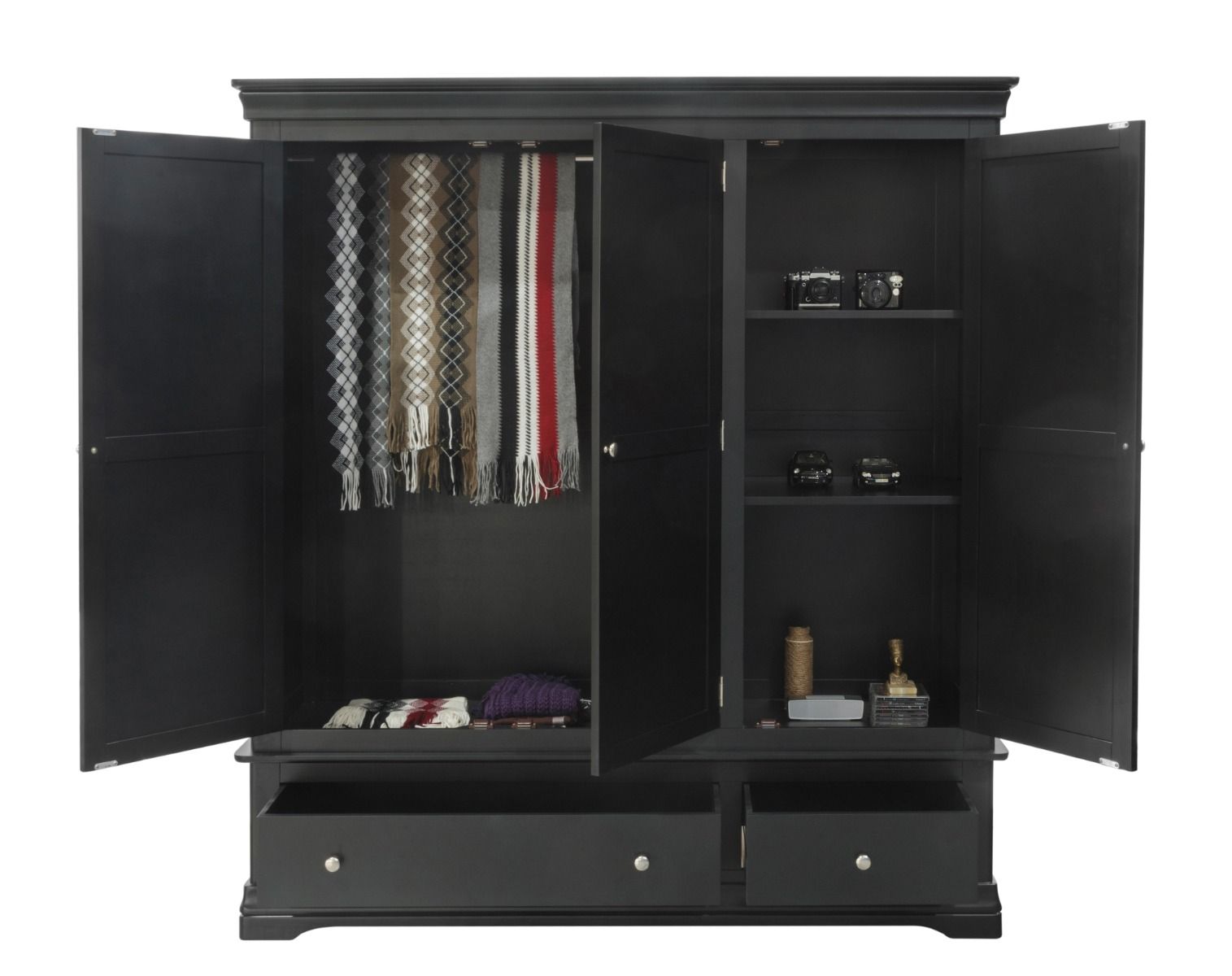 Toulouse Black Painted Large Triple Wardrobe with Drawer