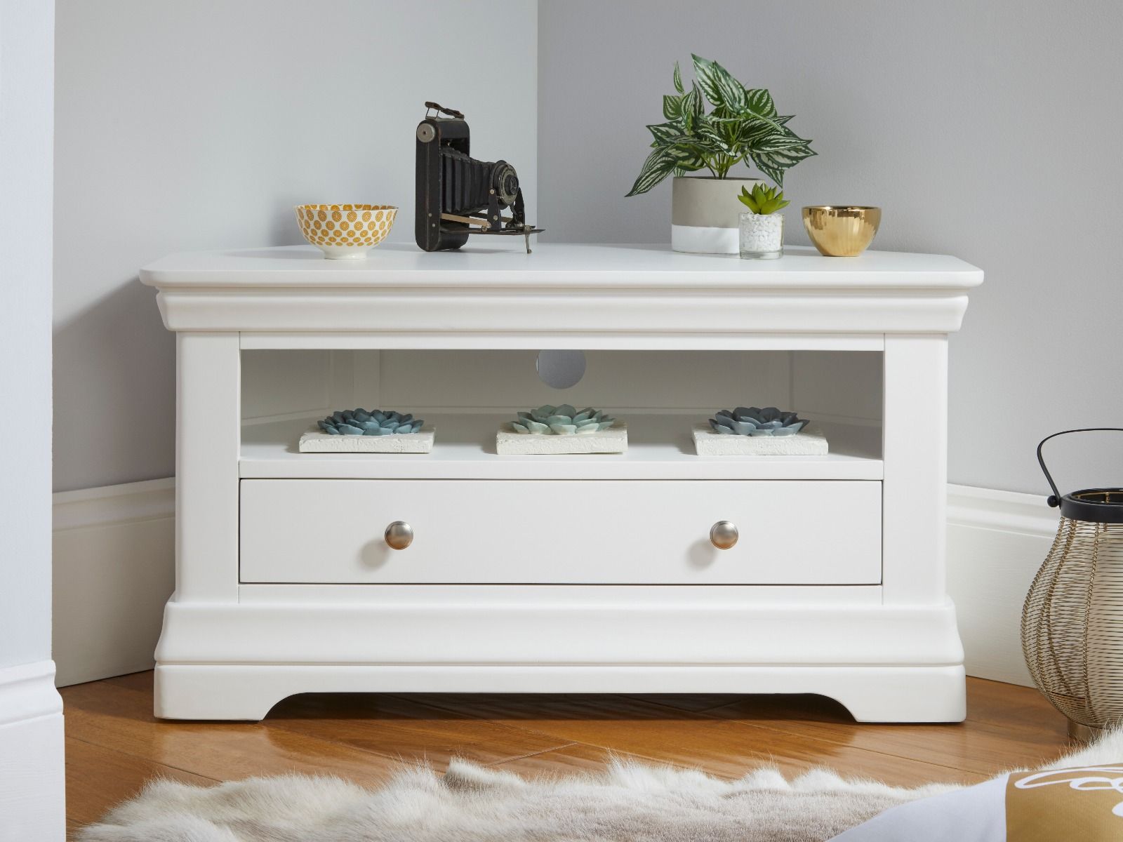 Toulouse White Painted Corner TV Unit with Drawer Fully Assembled