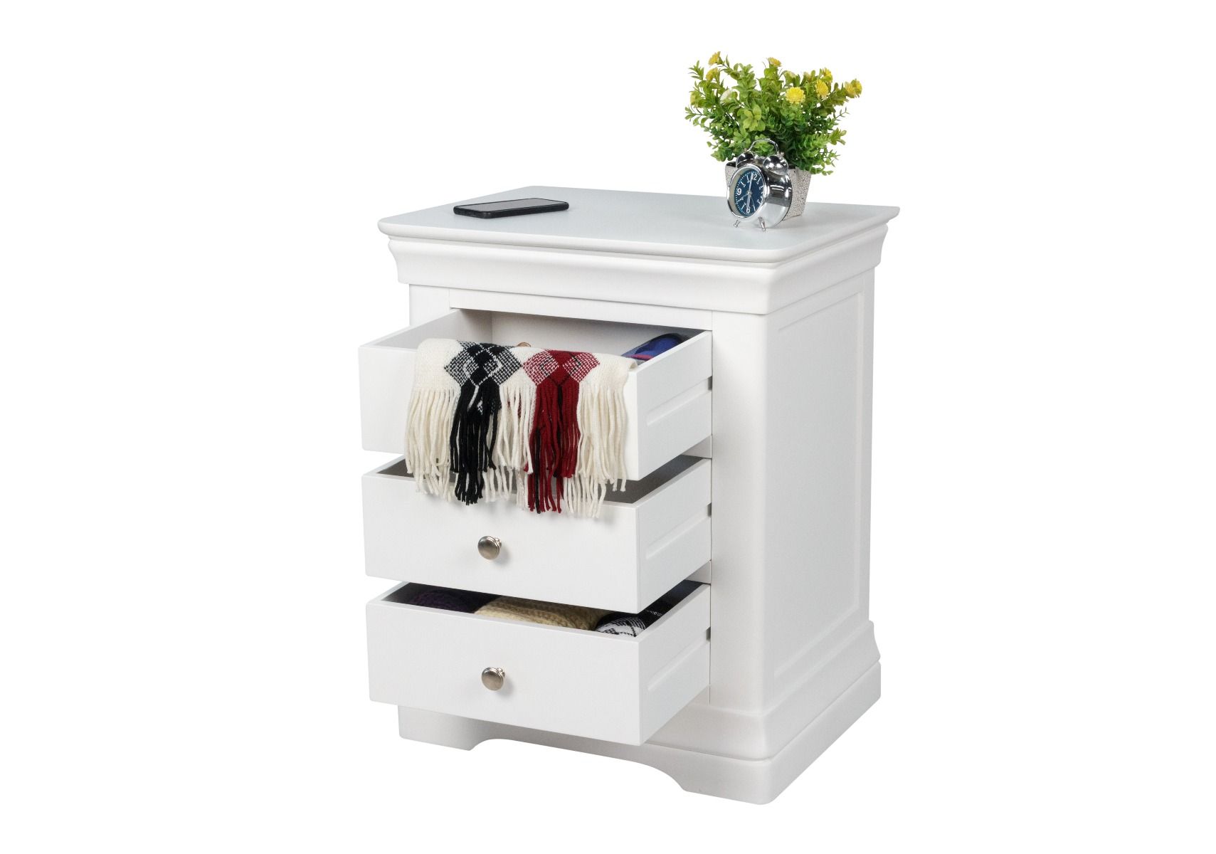 Toulouse White Painted 3 Drawer Large Grande Bedside Table Fully