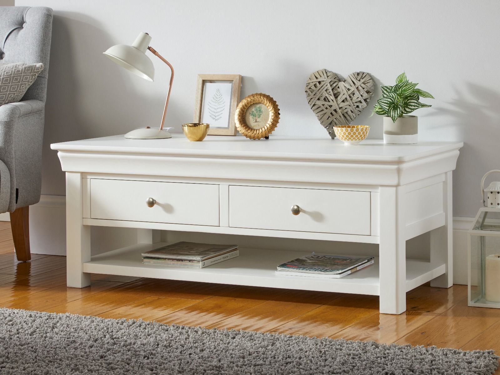 Toulouse White Painted Large Coffee Table 4 Drawers with Shelf | Assembled