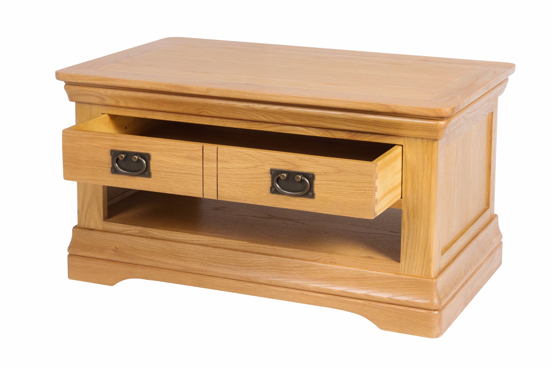 Farmhouse Oak Coffee Table With Drawer And Shelf