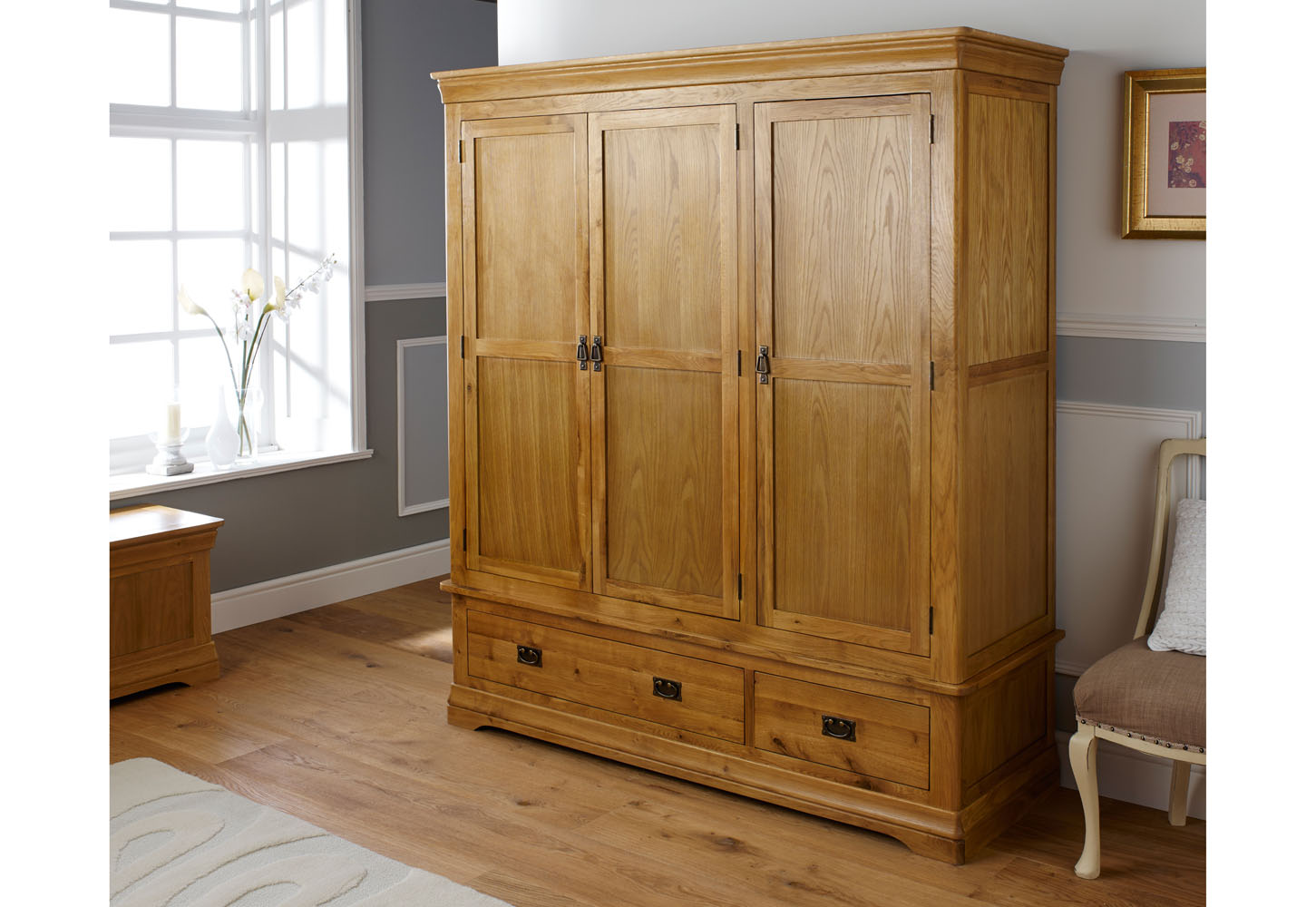 French Farmhouse Large Triple Oak Wardrobe Free Delivery Top Furniture