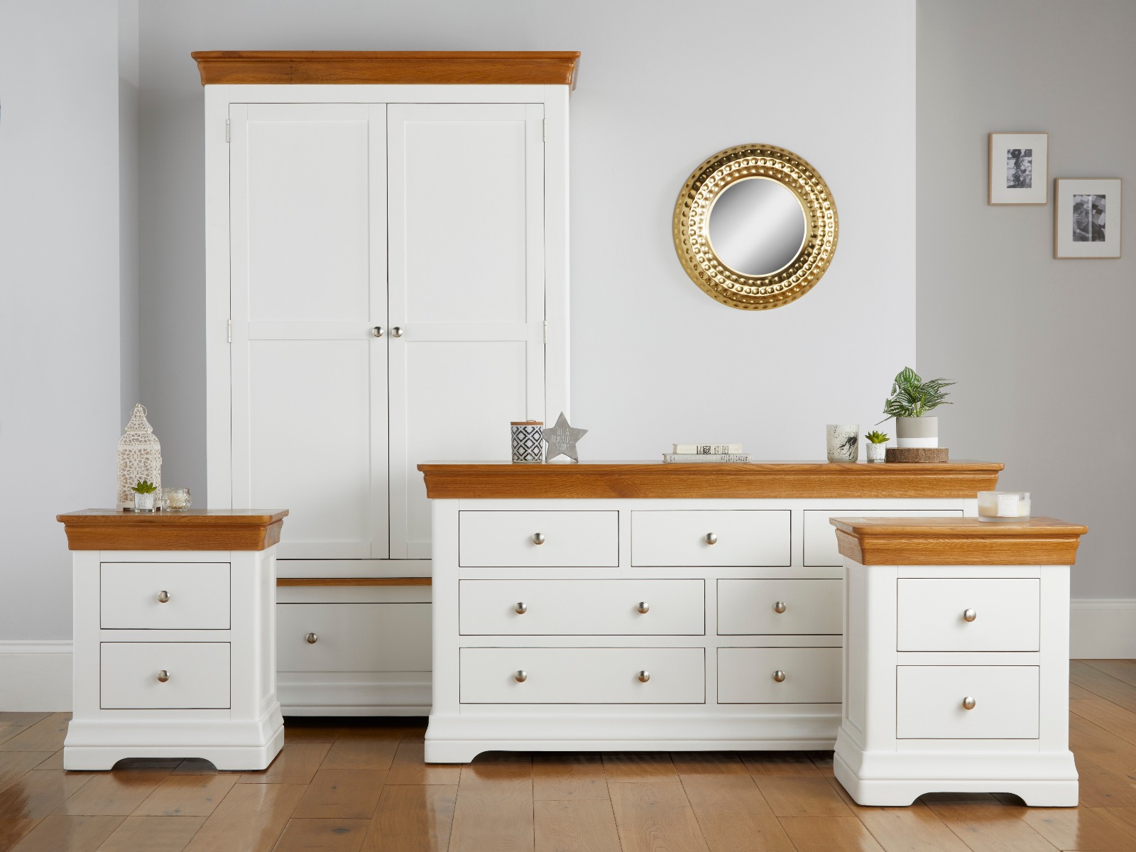 Farmhouse White Painted Oak Bedroom Set, Double Wardrobe, Large Chest