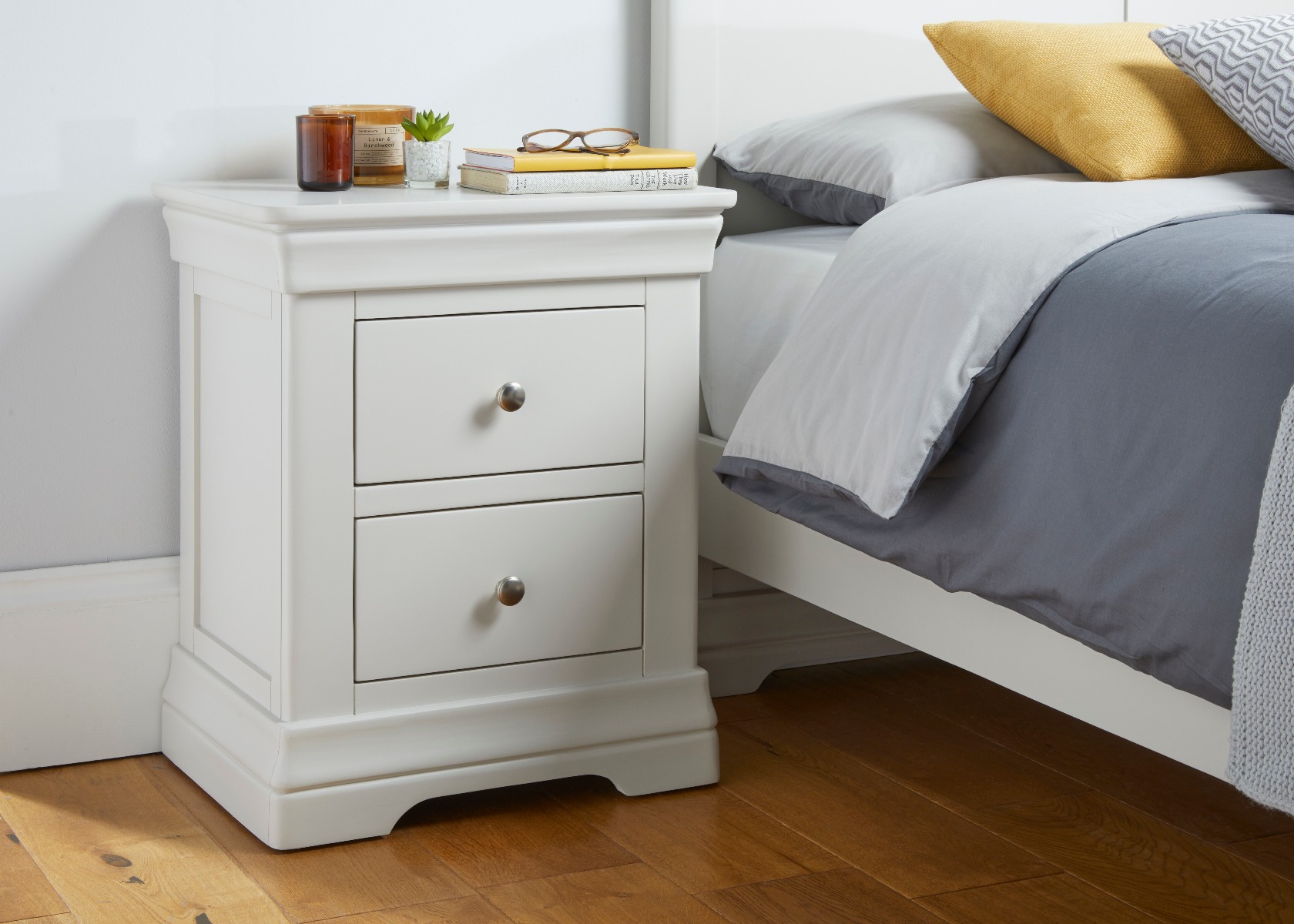 Toulouse Grey Painted 2 Drawer Bedside Table FULLY ASSEMBLED