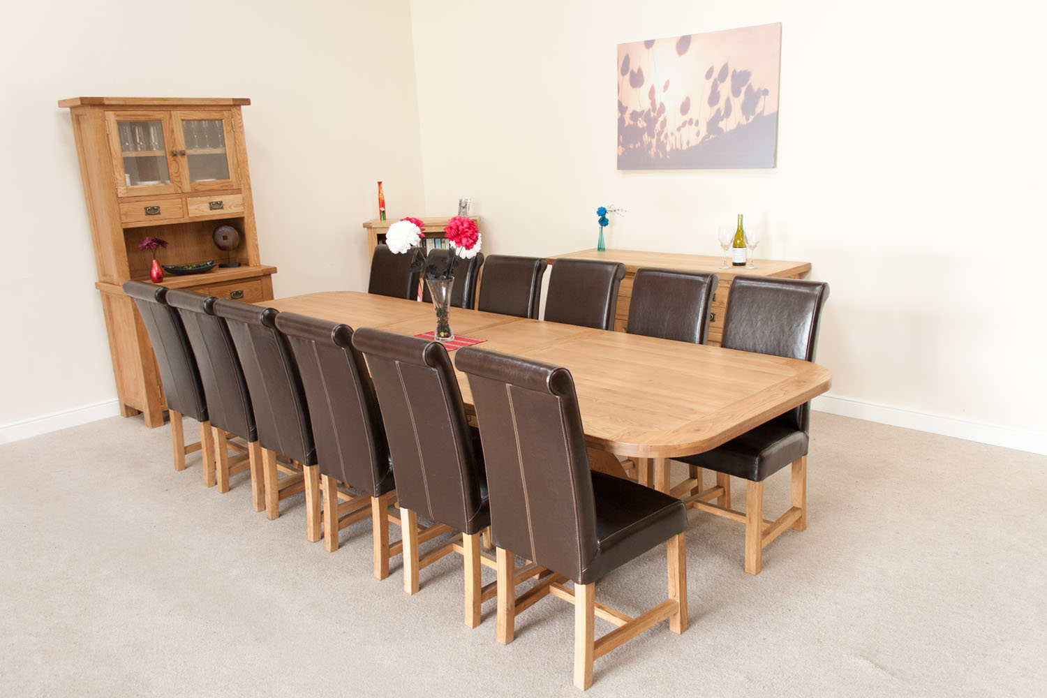 Large 34m Oval End Oak Table 12 Matching Chair Dining Set